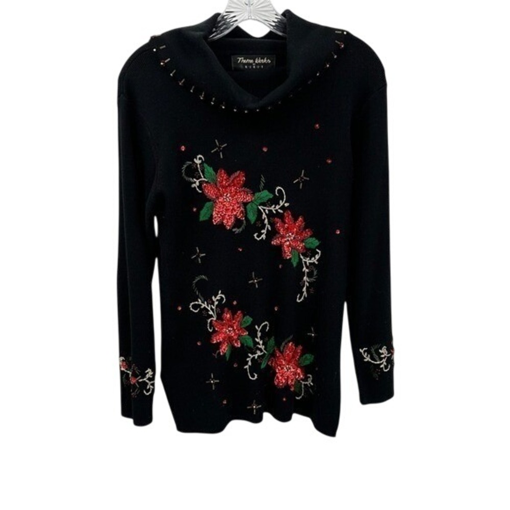 Theme Works by KIKIT Black Christmas Poinsettia Embellished Sweater Women Sz S